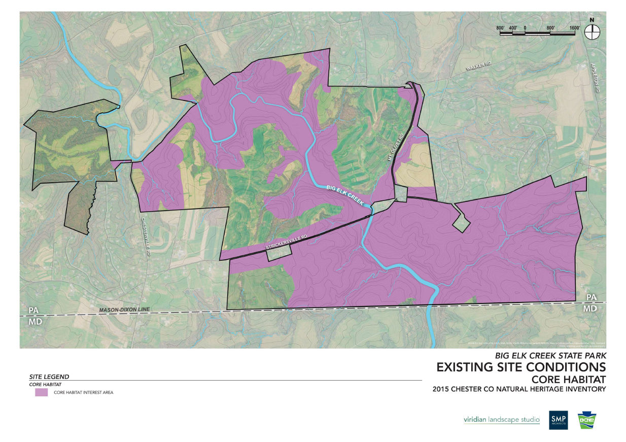 Map of existing site conditions - core habitat at Big Elk Creek State Park