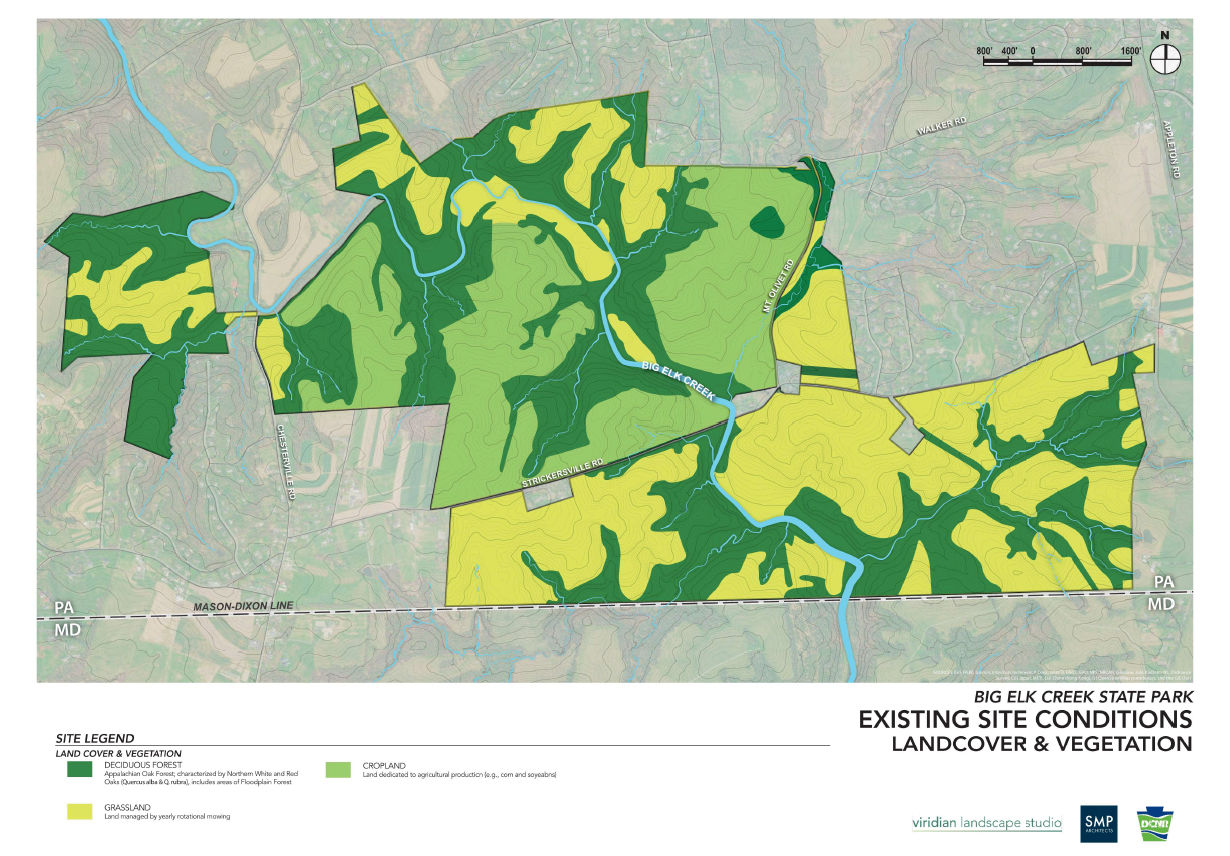 Map of existing site conditions - landscape and vegetation at Big Elk Creek State Park