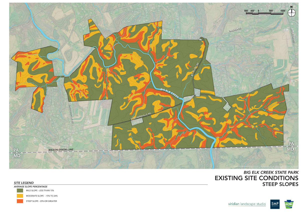 Map of existing site conditions - steep slopes at Big Elk Creek State Park