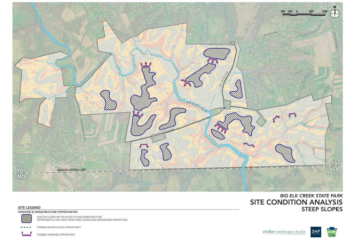 Map of existing site conditions - steep slopes at Big Elk Creek State Park