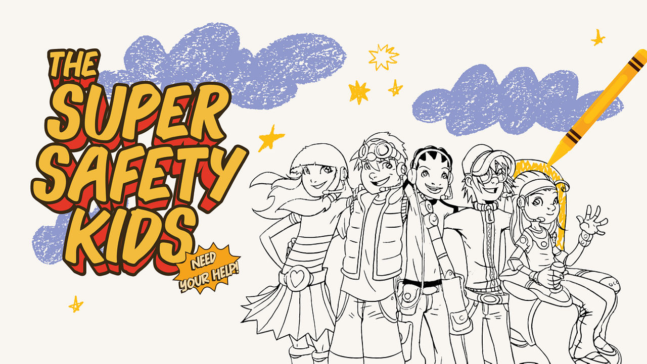 Coloring book illustration of a group of cool kids. The Super Safety Kids Need Your Help.