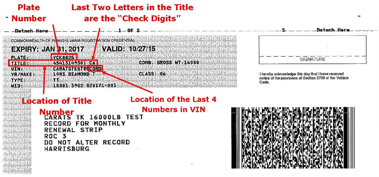 Sample registration card with red boxes and text calling out the location of important information