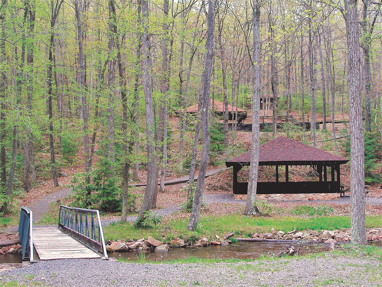 A bridge across a stream with a pavilion in the background surrounded by forest with emerging leaves