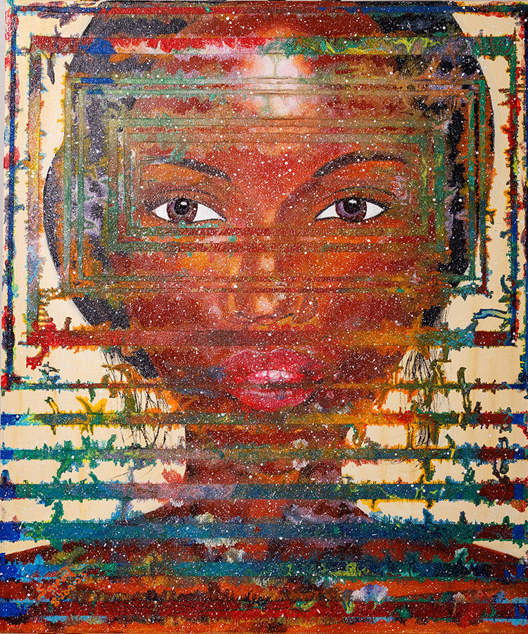 portrait, fragmented, behind lines of color