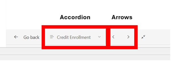 Shown are two types of PowerBI navigation--accordion and arrows. The accordion contains a short description of each visualization allowing users to skip to the specific visualization of interest. The arrows moves through the visualization one by one. 
