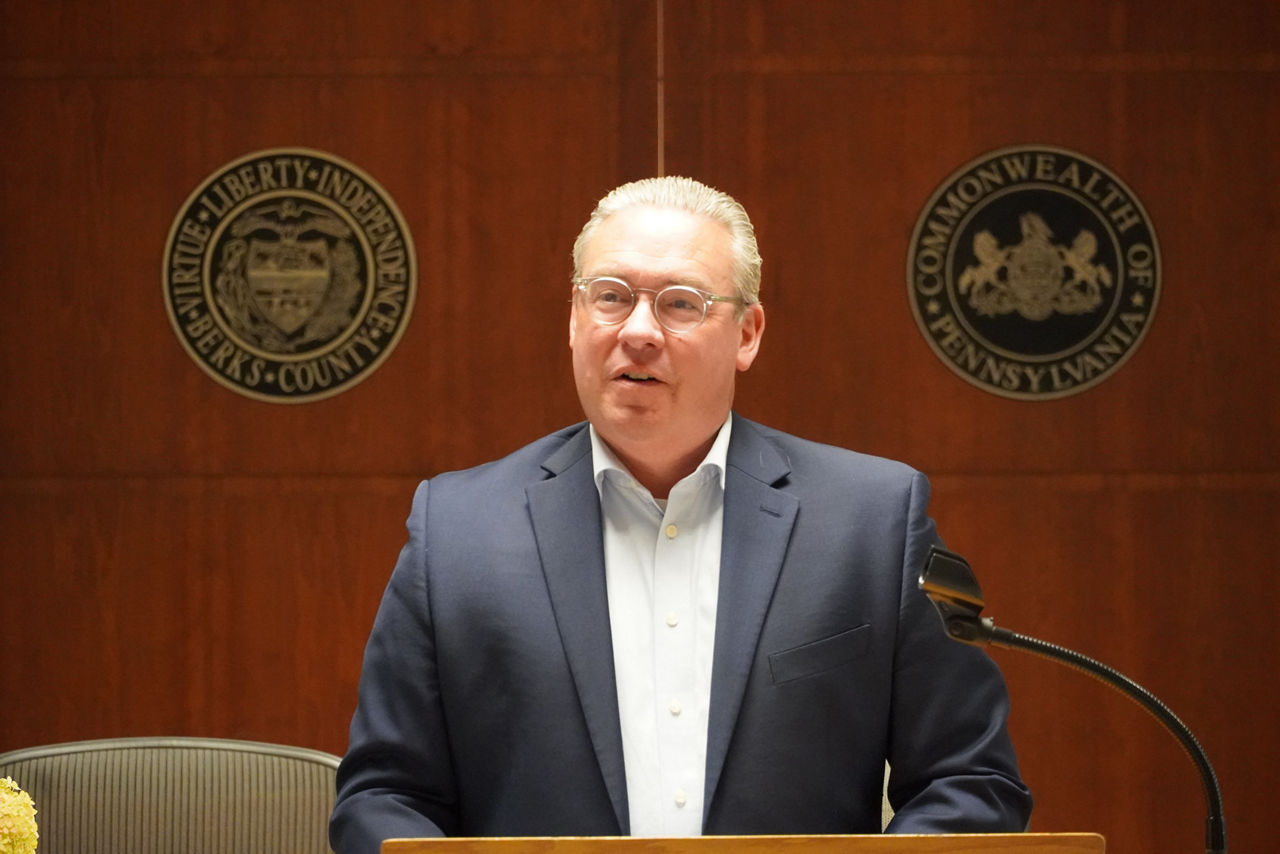 Secretary of the Commonwealth, Al Schmidt at a podium for the poll worker recruitment event