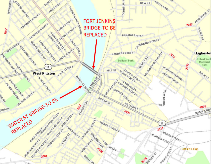 Map showing Fort Jenkins bridge (to be replaced) and Water Street bridge (to be replaced)