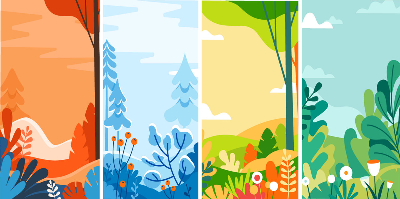 Four panels of four seasons: Summer, then winter, then fall, then spring.