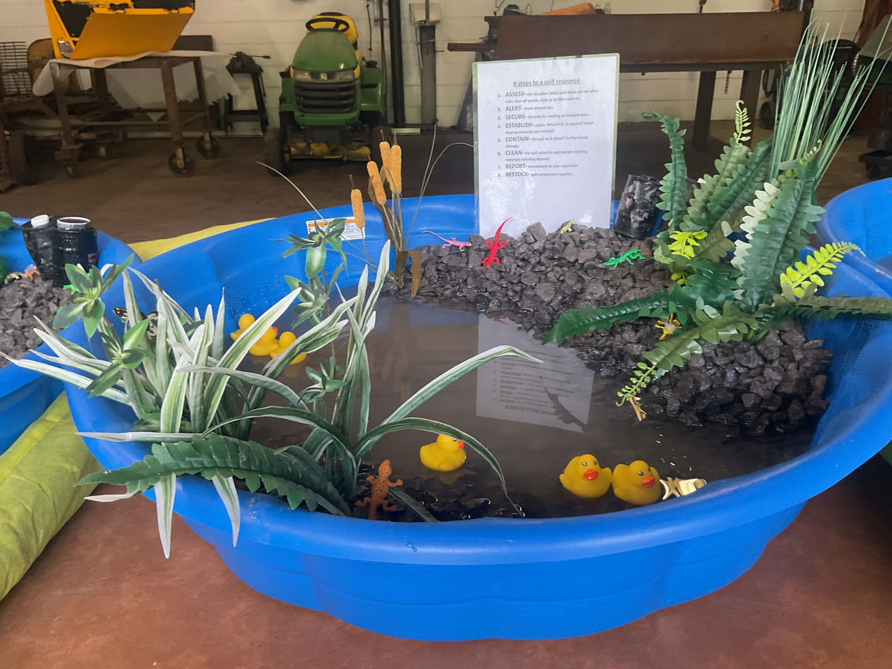 An image of a blue baby pool filled with water and artificial plants in different shades of green with six rubber duckies floating in the water. 