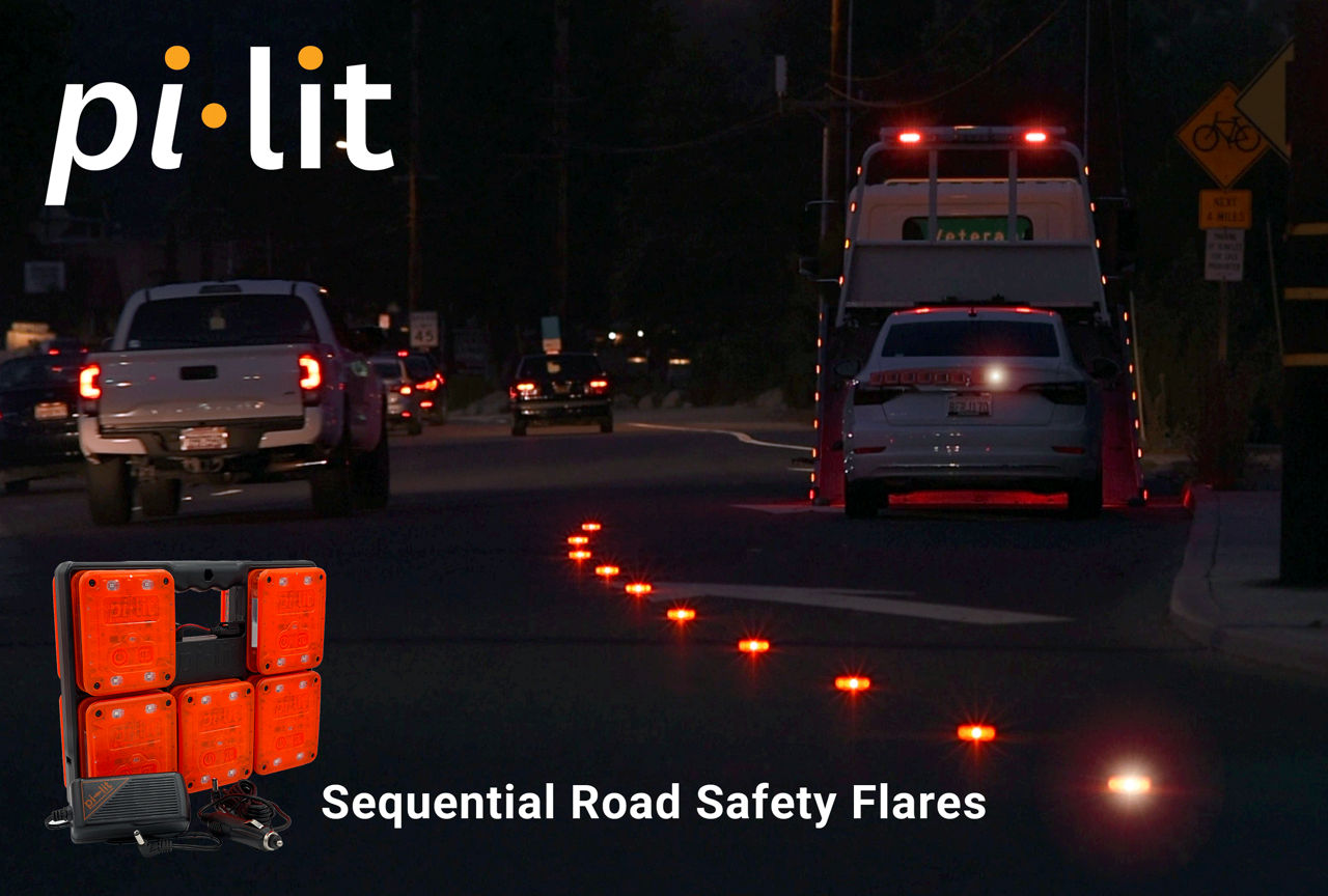 The image shows LED flares lighting up part of the roadway at nighttime. On the right-hand side, a tow truck is seen pulling a disabled car onto its truck bed. An image of the sequential road safety flares is seen in the bottom left of the image.