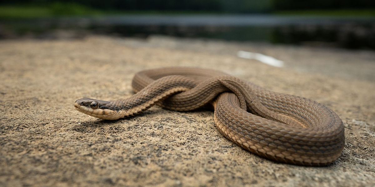 Close-up of a Queen Snake coiled up on a rock