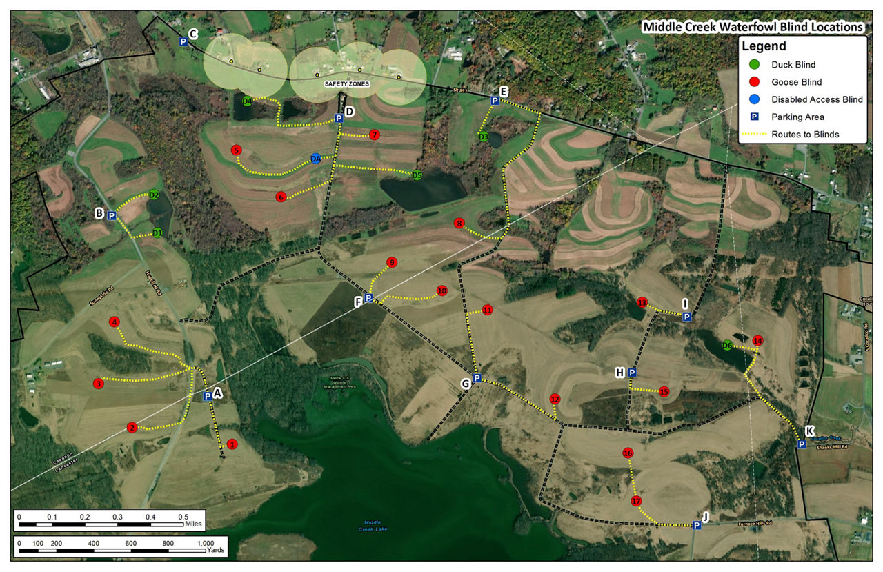 Middle Creek Waterfowl Blind Locations Map