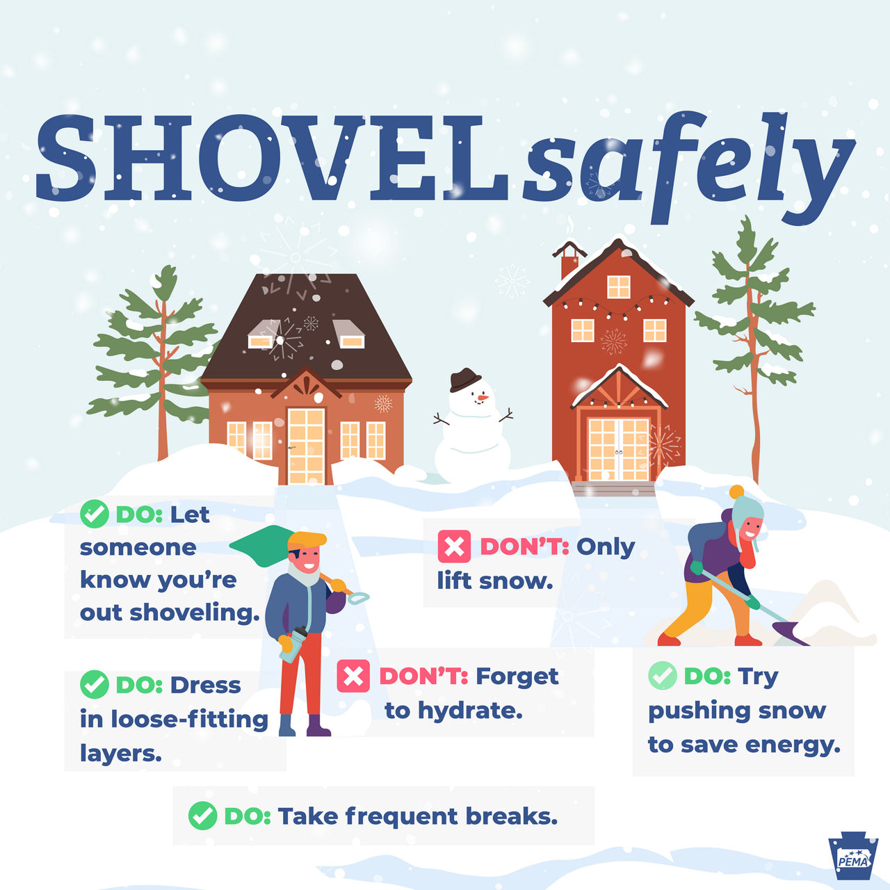 Shovel safely graphic shows cartoon people shoveling snow and has safety tips.