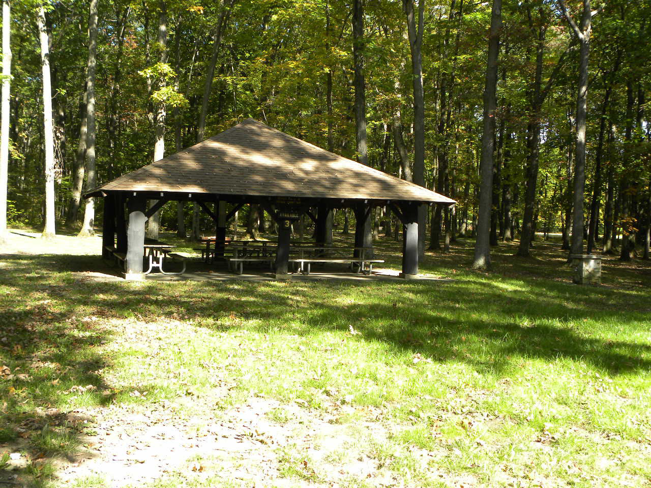 A pavilion surrounded by grass with a forest in the background