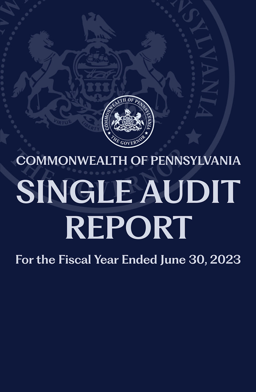 Navy blue background with PA seal as watermark and title Commonwealth of Pennsylvania Single Audit Report for the Fiscal Year Ended June 30, 2023