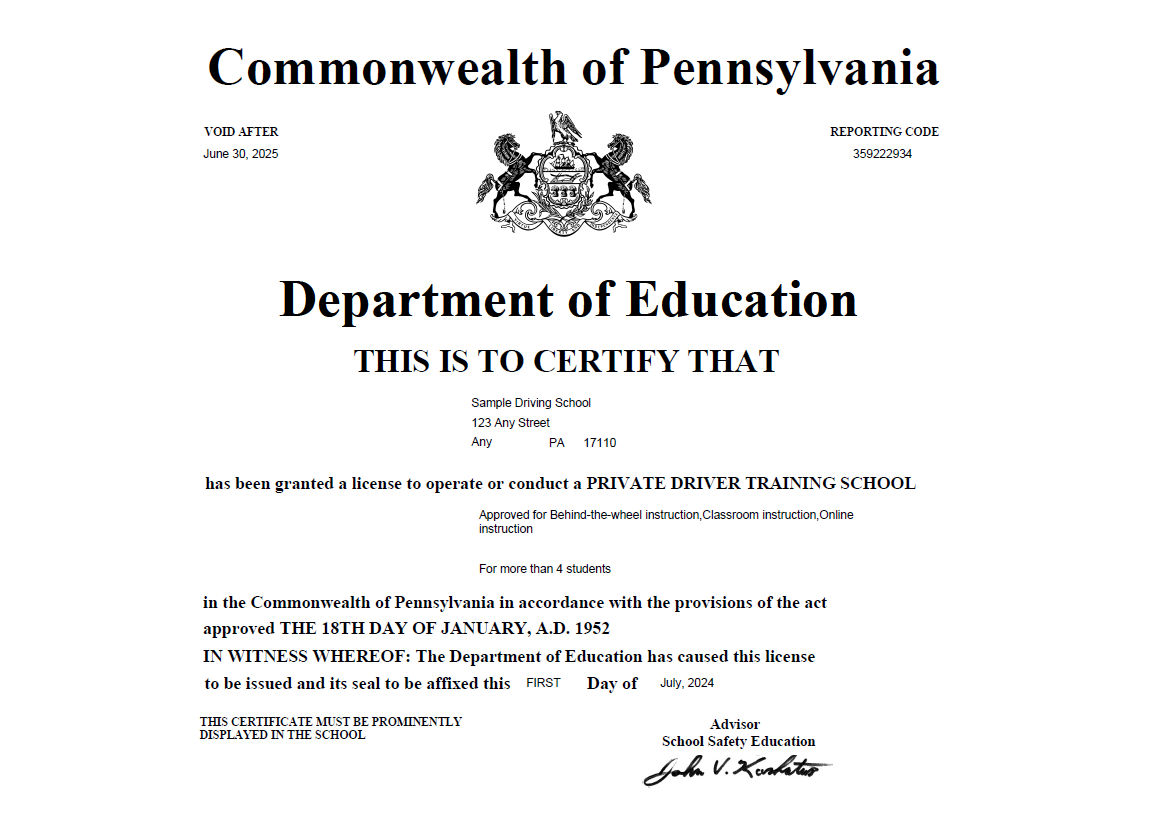 Sample Driving School License