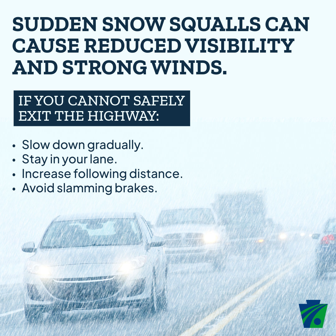 Graphic of snow on a blue background with tips on what to do in a snow squall crash