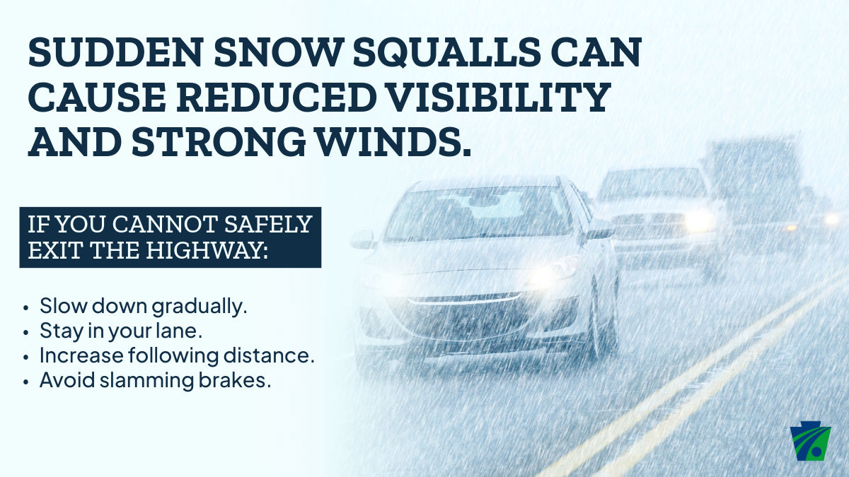 Graphic of snow on a blue background with tips on what to do in a snow squall crash