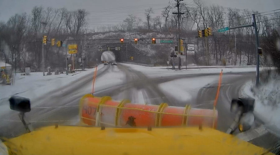 screenshot of snow plow camera in the front of a PennDOT truck