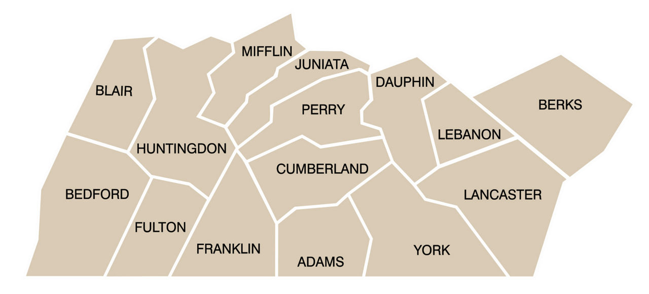 DEP Southcentral Region counties: Adams, Bedford, Berks, Blair, Cumberland, Dauphin, Franklin, Fulton, Huntingdon, Juniata, Lancaster, Lebanon, Mifflin, Perry, and York.