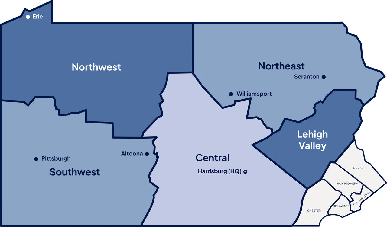 A map of Pennsylvania split into six regions. The Southeast region is highlighted and separated, and its counties are indicated on the map.