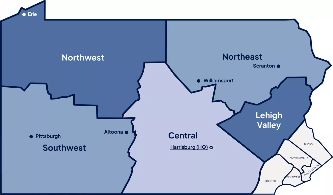 A map of Pennsylvania split into six regions. The Southeast region is highlighted and separated, and its counties are indicated on the map.