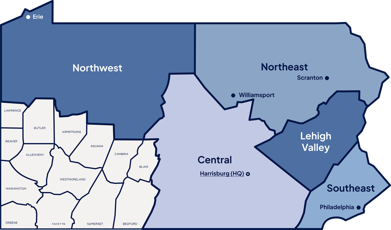 A map of Pennsylvania split into six regions. The Southwest region is highlighted and separated, and its counties are indicated on the map.