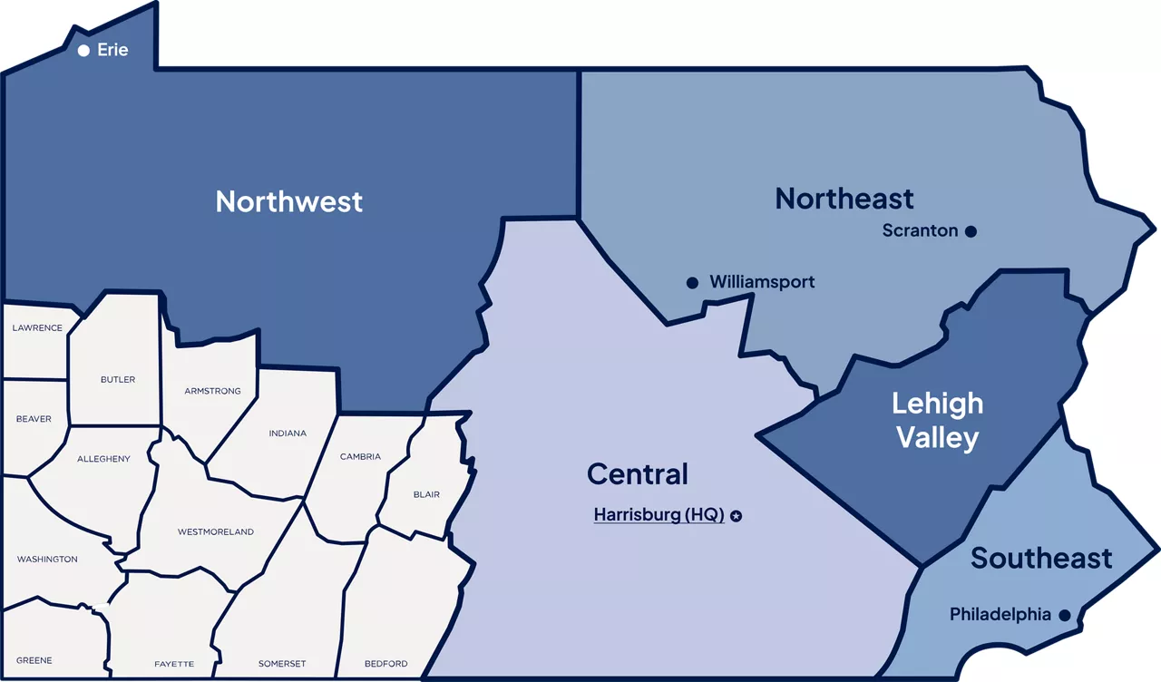A map of Pennsylvania split into six regions. The Southwest region is highlighted and separated, and its counties are indicated on the map.