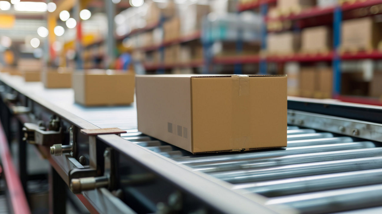 Boxes roll down a conveyor belt