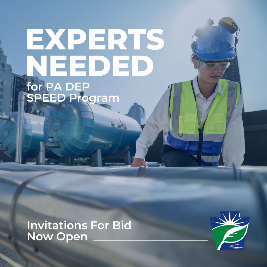 Woman wearing a hard hat, safety goggles, and reflective vest in an industrial setting. Text over image reads "Experts needed for PA DEP SPEED Program. Invitations For Bid Now Open."