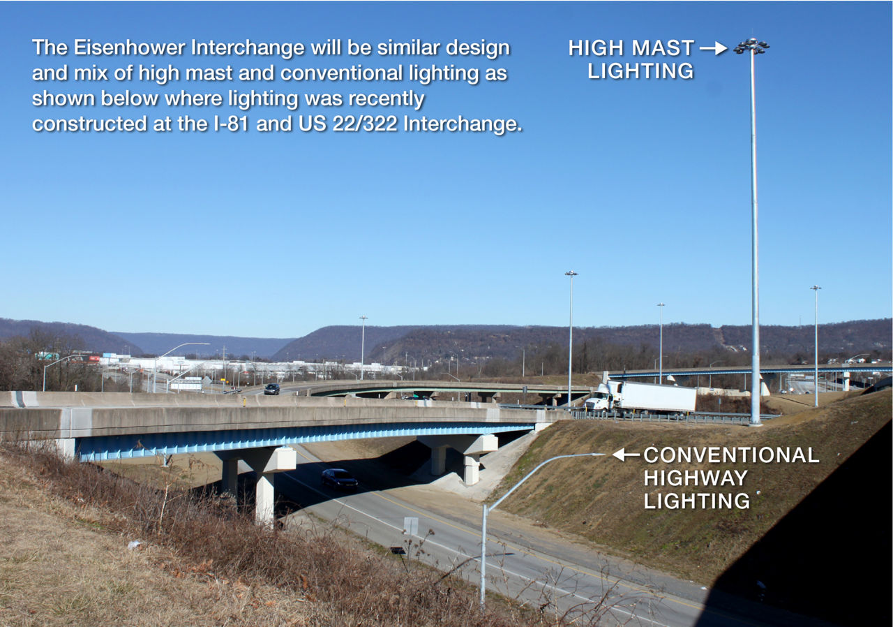 Image shows I-81 and US 22/322 Interchange.  The image highlights newly installed "high mast lighting" which helps better illuminate the roadway
