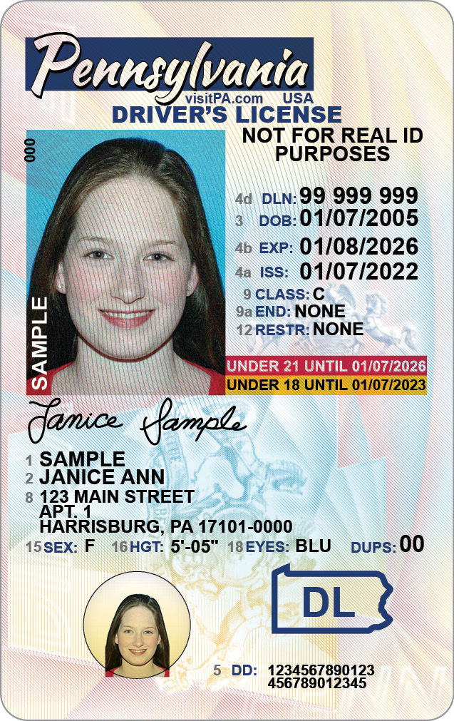 Sample junior PA Driver's License with wording in the upper right corner stating "NOT FOR REAL ID PURPOSES"