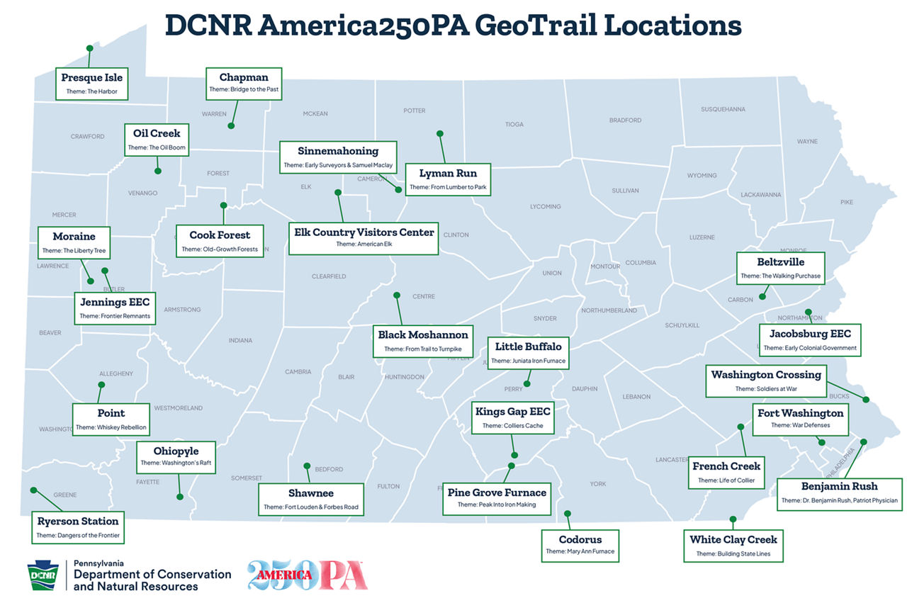 A map of Pennsylvania showing the 25 locations of the DCNR America250PA GeoTrail.