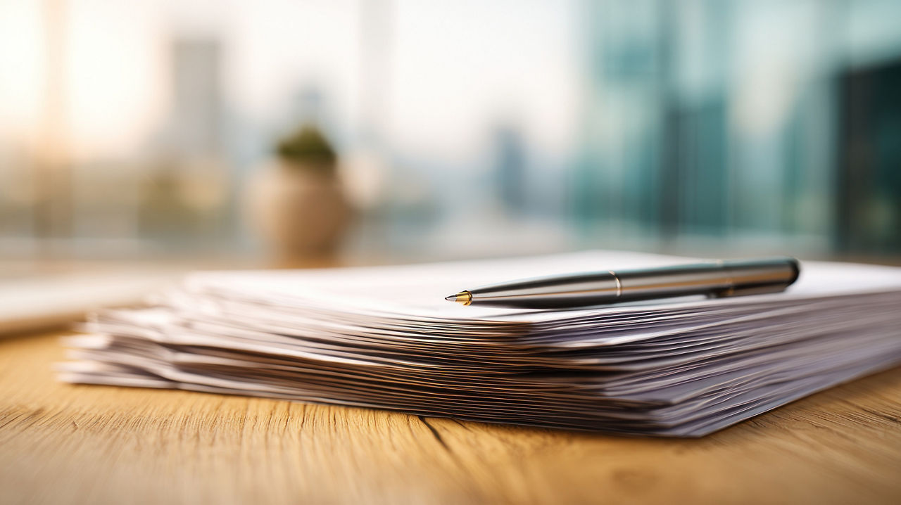 A pen on a stack of papers