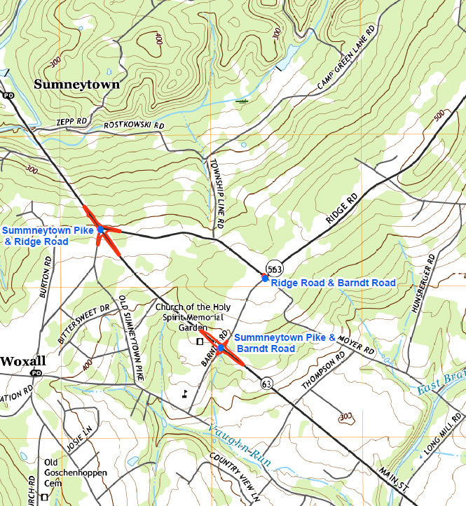 Visualization of Summneytown Pike & Ridge Road, Summneytown Pike & Barndt Road, and Ridge Road & Barndy Road on a map.