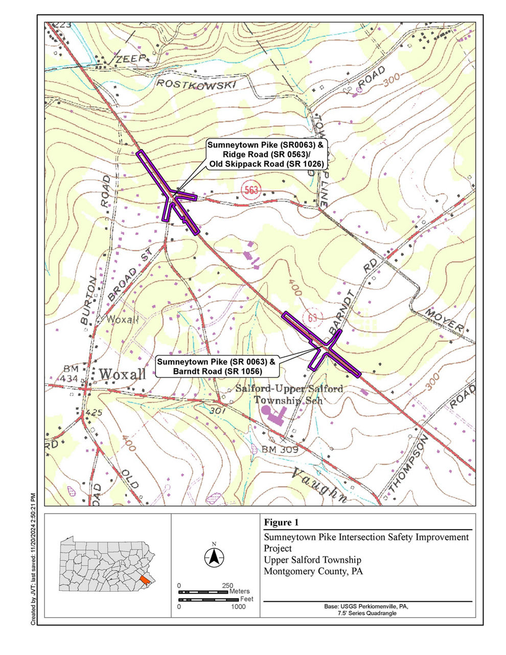 Visualization of Summneytown Pike & Ridge Road, Summneytown Pike & Barndt Road, and Ridge Road & Barndy Road on a map.