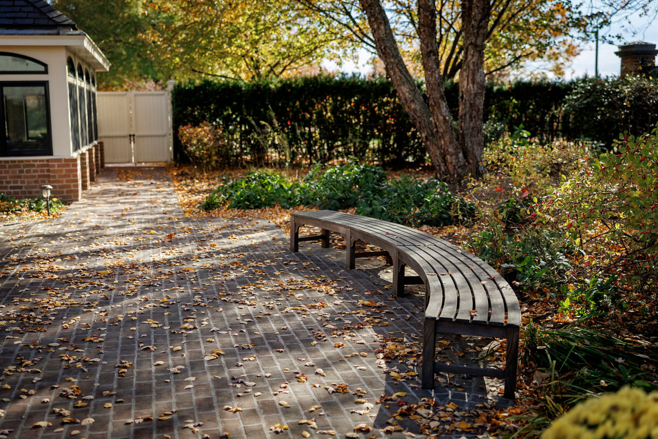 Curved bench in autumn garden setting