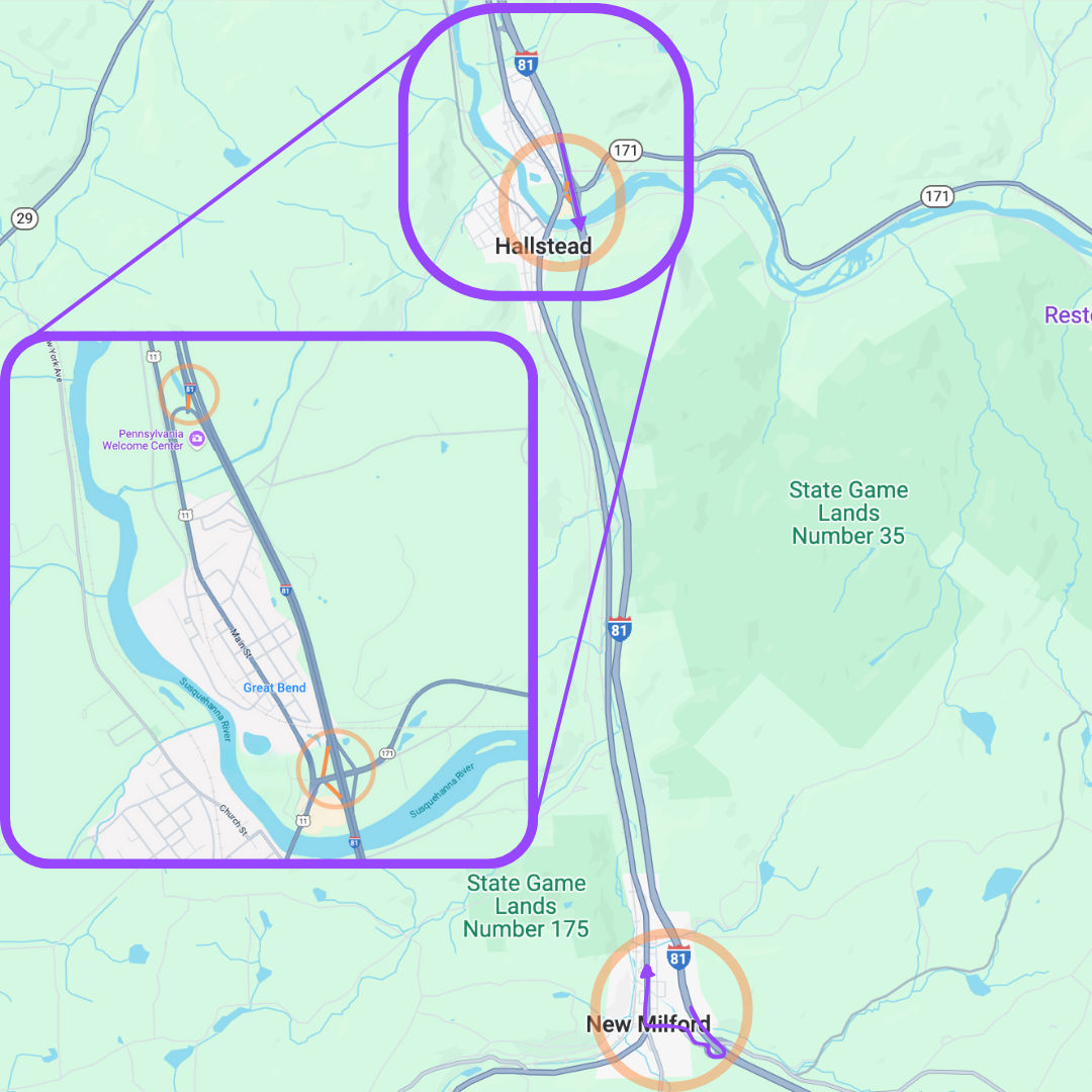 Detour Map for I81 Susquehanna during Phase 3B 