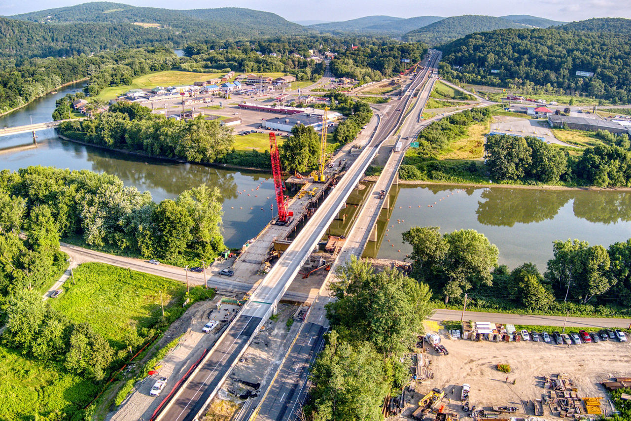 Overview shot of the I-81 Susquehanna Bridges project near the New York border
