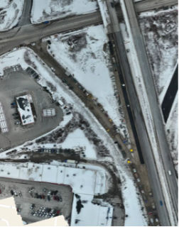 Aerial overview of the southbound lanes with the barrier placed indicating what the traffic switch will look like completed 