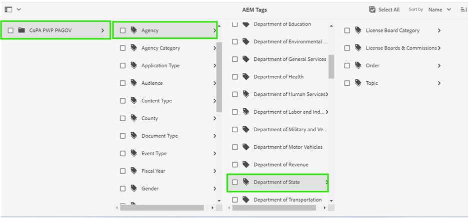 Tag path, with the following hierarchy highlighted: CoPA PWP PAGOV, then Agency, then Department of State. Child tags live beneath the Department of State tag.