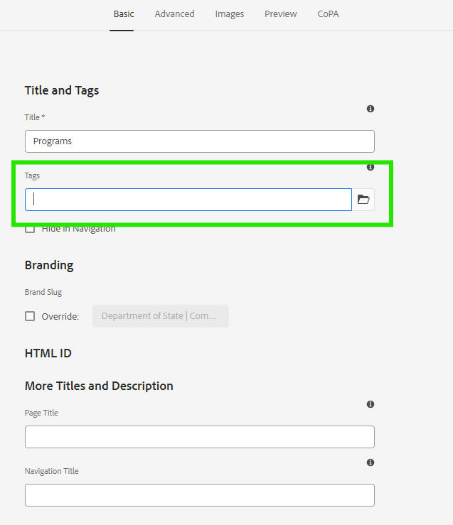 The Page Properties' Basic tab, with the Tags field highlighted green.