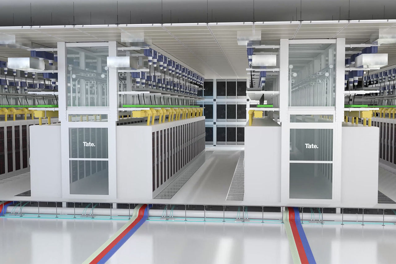 A 3D rendering of the interior of a data center.