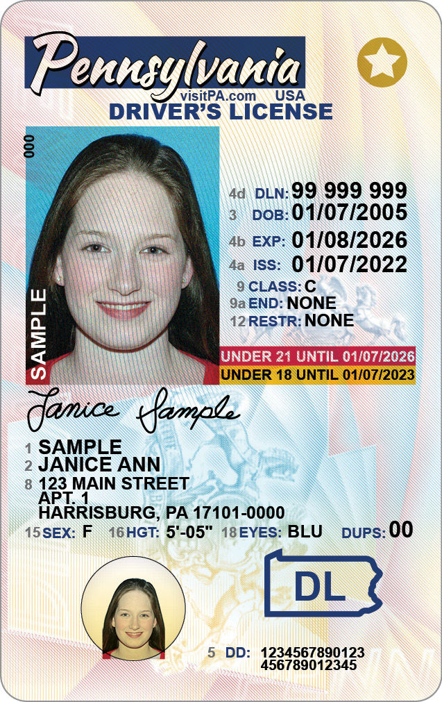 Sample Junior PA Driver's License with star in upper right corner indicating that it is REAL-ID compliant