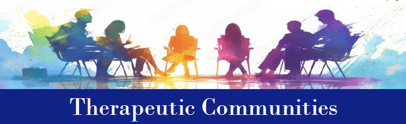 A painting of people sitting in a circle above the words "Therapeutic Communities"