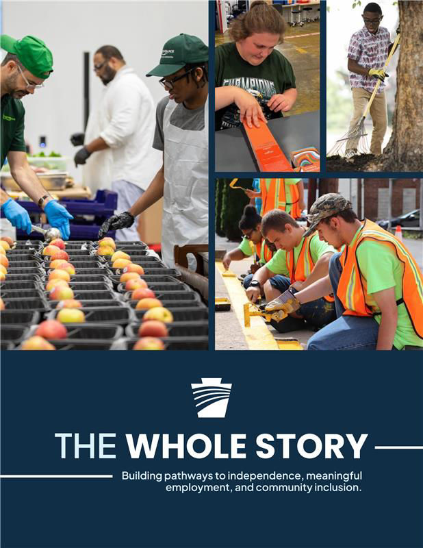 A collage of diverse workers engaging in various tasks: sorting food, making cardboard displays, raking leaves, and painting curbs. Text below reads, "The Whole Story: Building pathways to independence, meaningful employment, and community inclusion."
