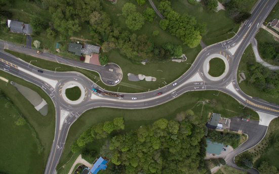 aerial image of two roundabouts