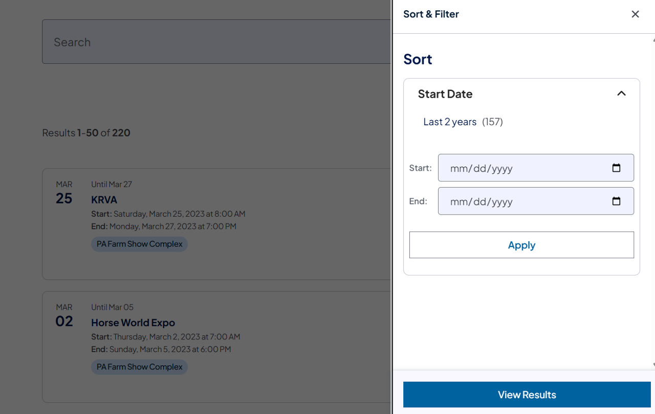 Sample Search Results component with start date filter and start/end date picker