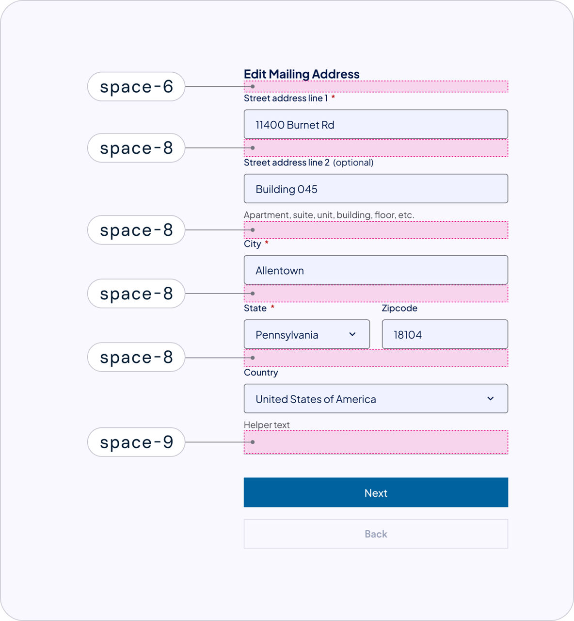 An image of a form component, highlighting the spacing between each form item to show how the spacing tokens can be used. 