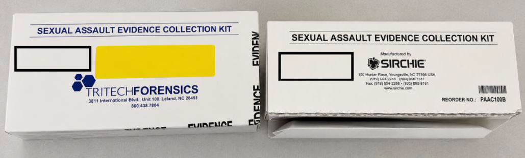 Two white sexual assault evidence collection kit boxes displayed side by side, with TRITECH Forensics branding on the left and SIRCHIE branding on the right. Each box features a rectangular area for a barcode label.